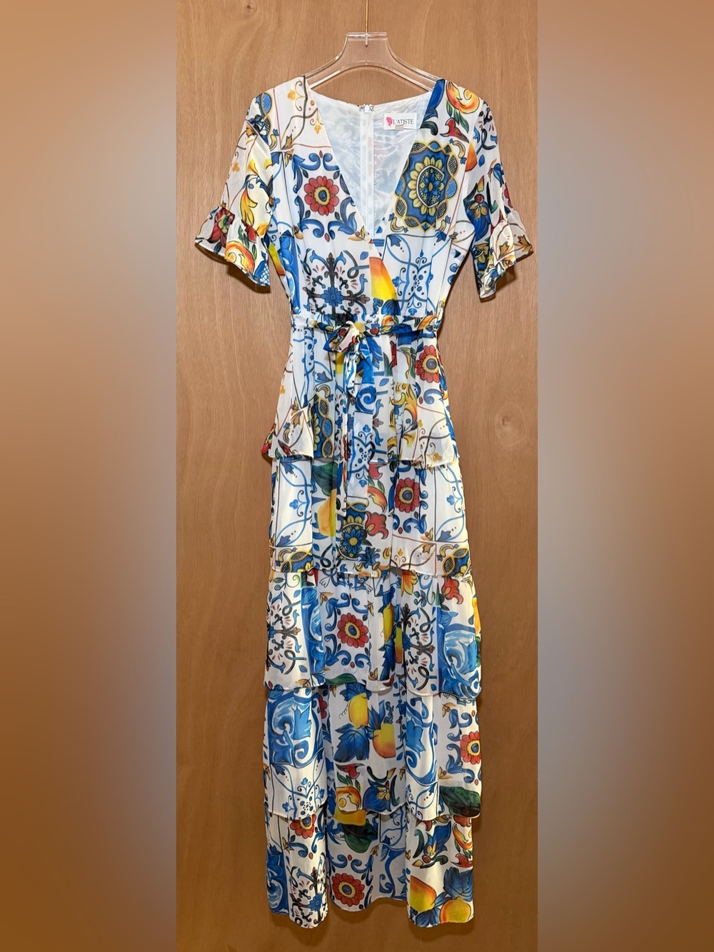 L'ATISTE White Maxi Dress with Blue, Yellow and Red Tile Print